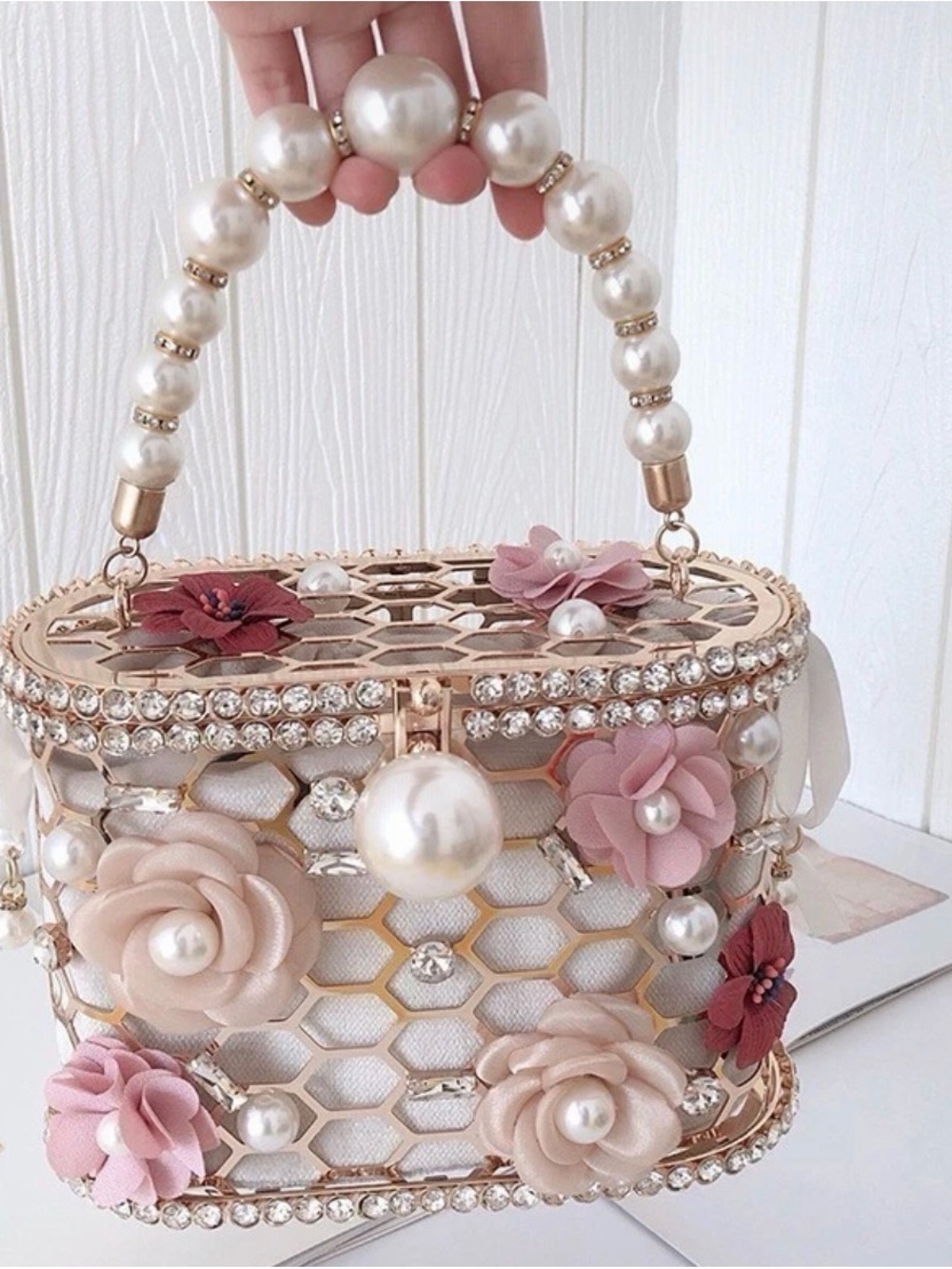 Pearl-Embellished Floral Box Bag - Pink/Blush